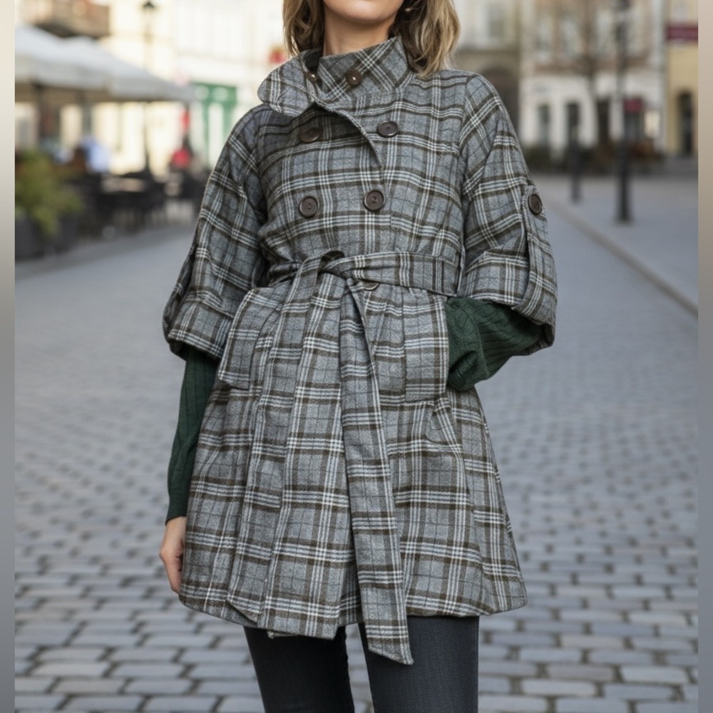 Y2K Hazel Plaid Double-Breasted Coat Women’s Small Boxy Sleeves Belted Mock Neck